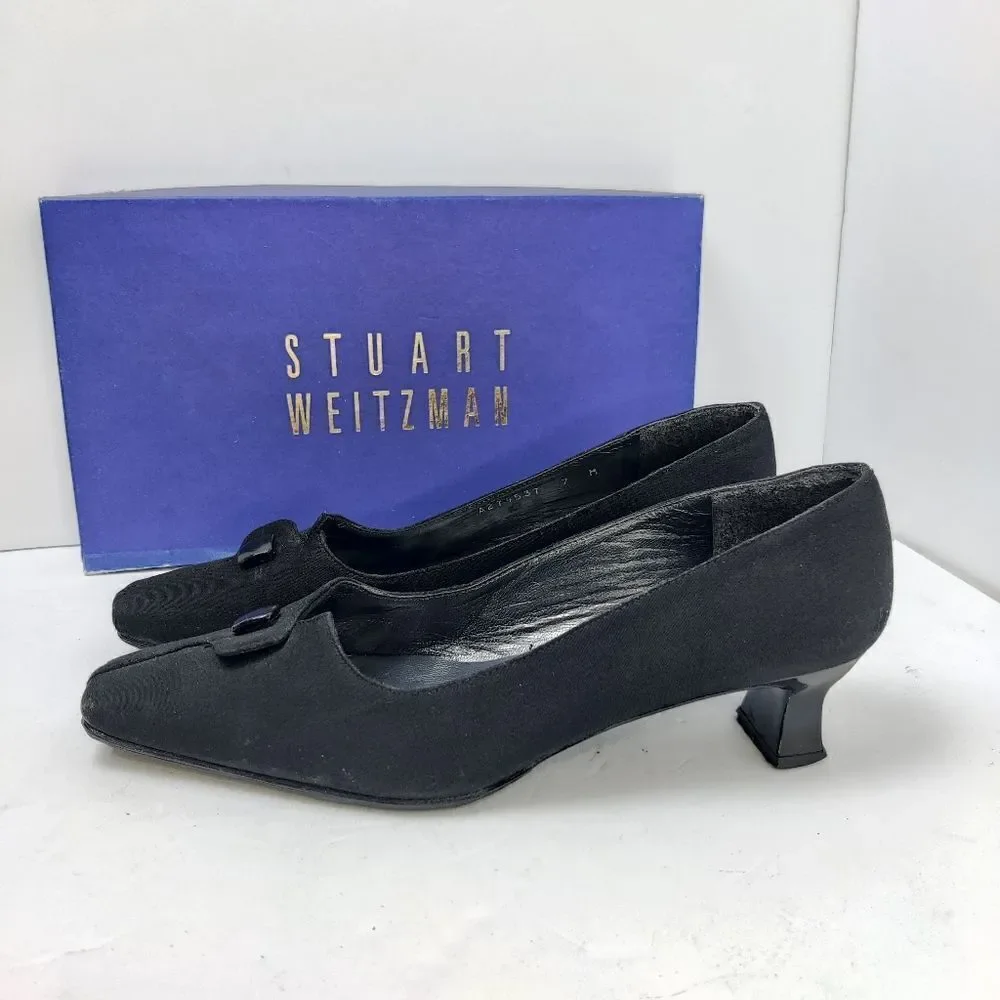Stuart weitzman Pumps Sz 7 M Square Toe & Spool Heel Black Fabric & Leather